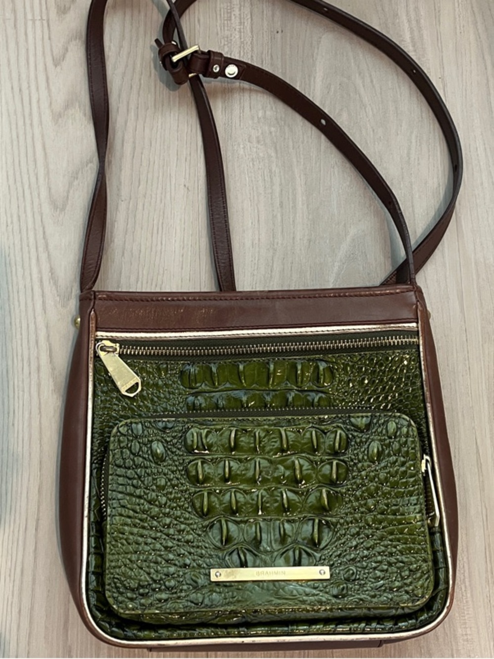 Brahmin Olive Green Croc-Texture Crossbody with Brown Strap